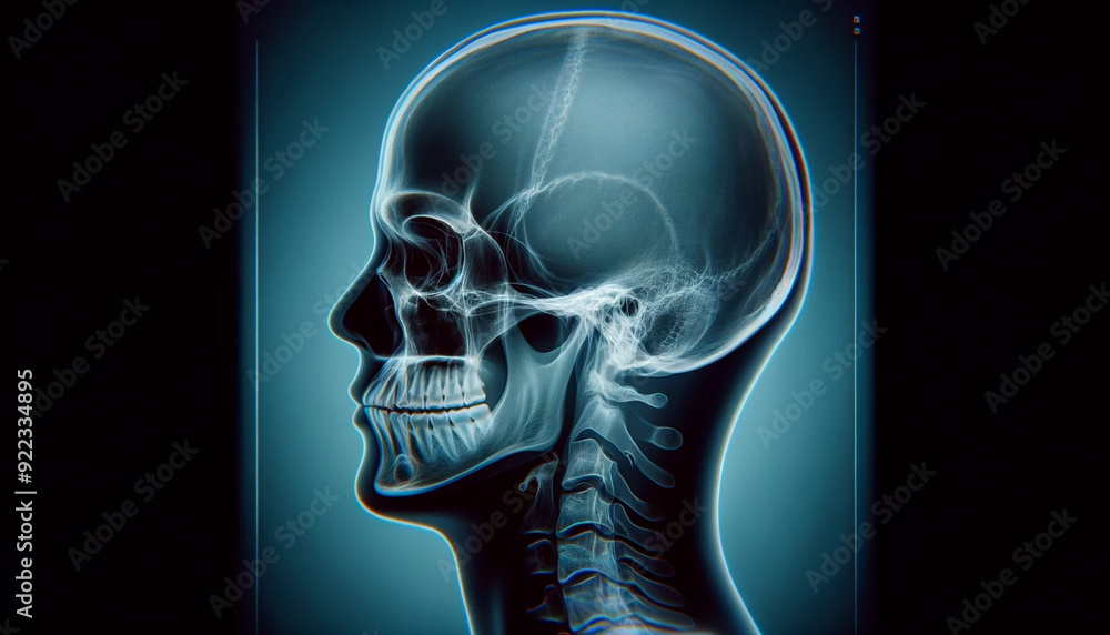 X-ray image of a human head, showing detailed structure of the skull ...