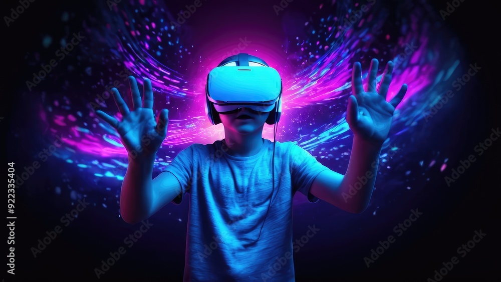 Engaged in a futuristic digital environment, a young man uses a VR headset, surrounded by streams of data and virtual elements, representing the future of immersive technology Engaged in a futuristic digital environment, a young man uses a VR headset, surrounded by streams of data and virtual elements, representing the future of immersive technology
