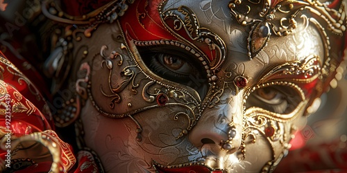 Wallpaper Mural Close-up of a woman's eye peeking through a luxurious gold and red Venetian mask. Torontodigital.ca