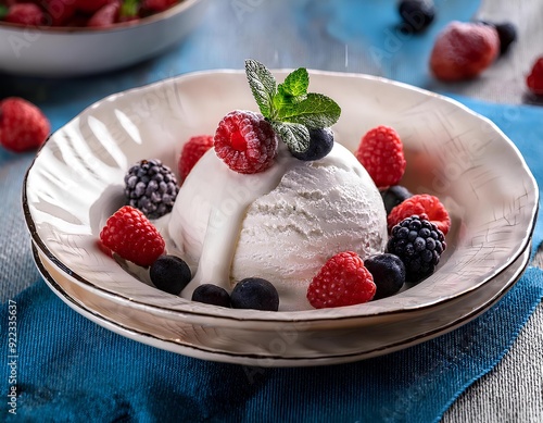 Traditional Russian plombir ice cream with berries photo