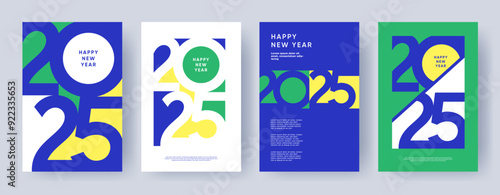 Creative concept of 2025 Happy New Year posters set. Design templates with typography logo 2025 for celebration and season decoration. Minimalistic trendy backgrounds for branding, banner, cover, card