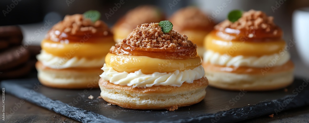 Buttery buns filled with custard pudding and topped with a layer of crushed cookies, served on a slate board, custard pudding buns cookies, elegant dessert experience Buttery buns filled with custard pudding and topped with a layer of crushed cookies, served on a slate board, custard pudding buns cookies, elegant dessert experience