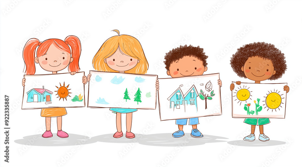 Naklejka premium 4 children are holding drawings of their family, houses and suns in their hands. white background.