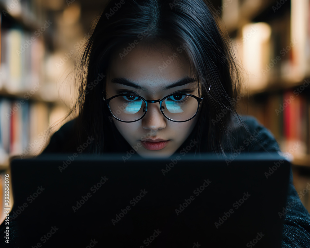 Focused young woman working on a laptop in a library, surrounded by books, showcasing concentration and dedication to study. Focused young woman working on a laptop in a library, surrounded by books, showcasing concentration and dedication to study.