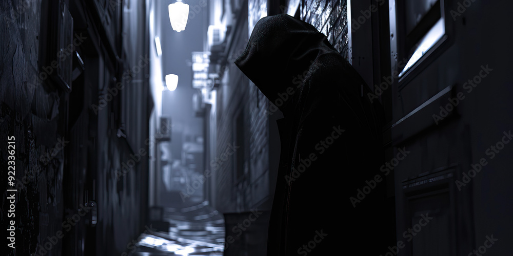 In the dimly lit alley, a shadowy figure lurks, carefully observing their surroundings. In the dimly lit alley, a shadowy figure lurks, carefully observing their surroundings.