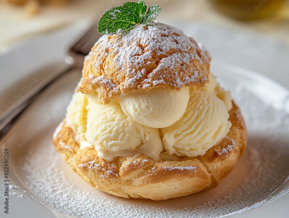 Closeup of a cream puff filled with nougat ice cream, dusted with powdered sugar and served on a white plate, cream puff nougat ice cream closeup, detailed dessert texture Closeup of a cream puff filled with nougat ice cream, dusted with powdered sugar and served on a white plate, cream puff nougat ice cream closeup, detailed dessert texture