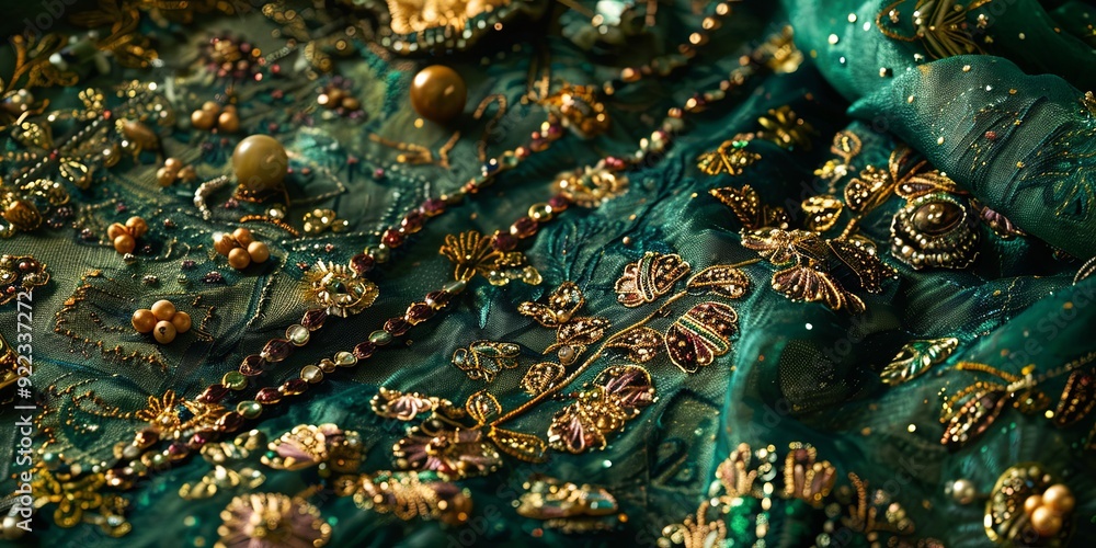 Close-up of teal fabric with gold and iridescent embellishments. Close-up of teal fabric with gold and iridescent embellishments.