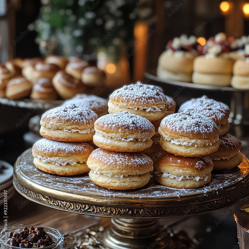 Puddingstuffed cookies served on a platter with mini sweet buns, topped with a dusting of powdered sugar, pudding cookies buns platter, elegant dessert assortment Puddingstuffed cookies served on a platter with mini sweet buns, topped with a dusting of powdered sugar, pudding cookies buns platter, elegant dessert assortment