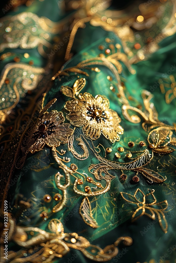 Closeup of intricate gold embroidery on green fabric with sequins and a soft bokeh background. Closeup of intricate gold embroidery on green fabric with sequins and a soft bokeh background.