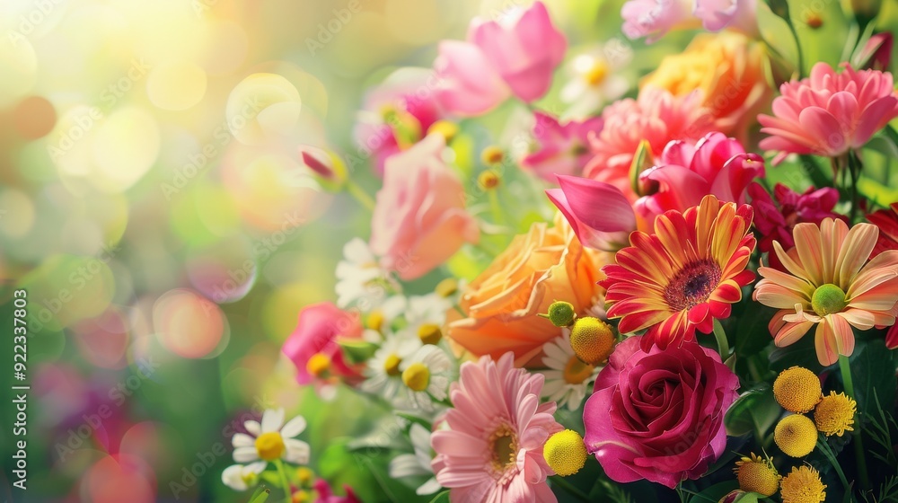 A beautiful flower background with a close-up of a blooming bouquet of various flowers in vivid colors, including roses, tulips, and daisies, against a blurred green garden backdrop, creating a fresh A beautiful flower background with a close-up of a blooming bouquet of various flowers in vivid colors, including roses, tulips, and daisies, against a blurred green garden backdrop, creating a fresh
