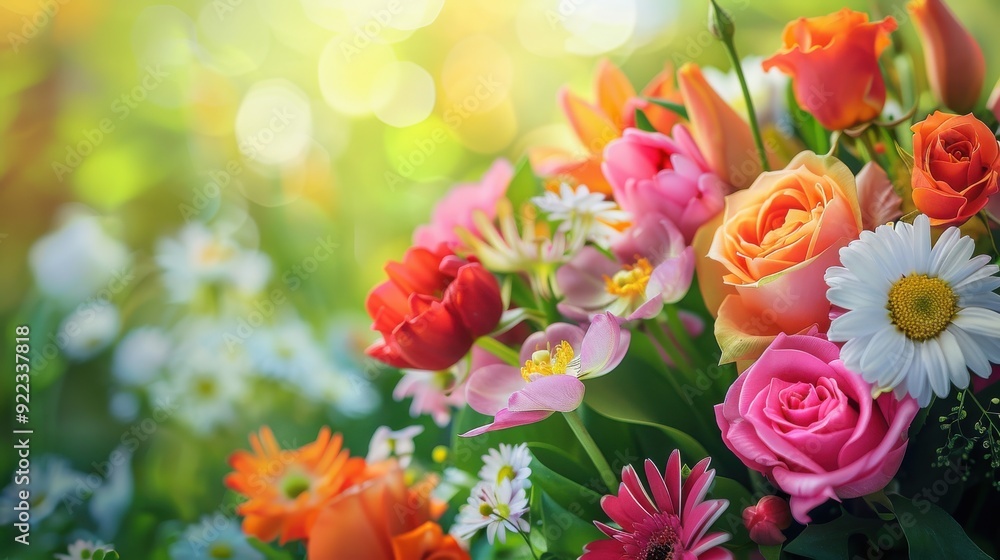 A beautiful flower background with a close-up of a blooming bouquet of various flowers in vivid colors, including roses, tulips, and daisies, against a blurred green garden backdrop, creating a fresh A beautiful flower background with a close-up of a blooming bouquet of various flowers in vivid colors, including roses, tulips, and daisies, against a blurred green garden backdrop, creating a fresh