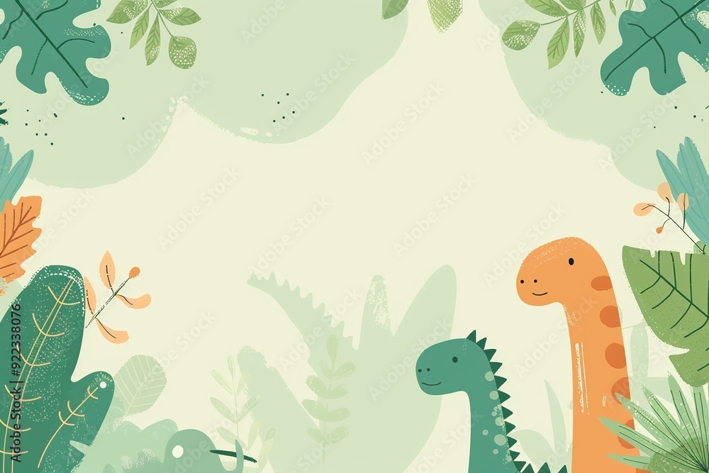 Obraz premium Cute dinosaur-themed background with playful cartoon dinosaurs and leafy plants