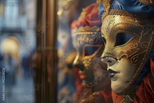 A closeup of a golden masquerade mask with ornate details, seen through a blurred glass window. photo