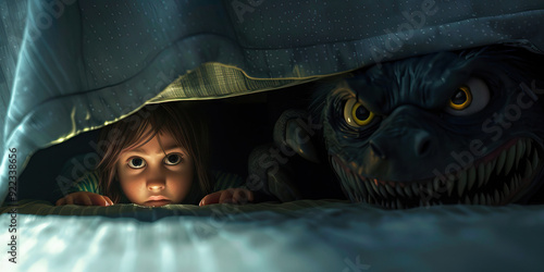 A little girl hides under her bed, terrified of the monster lurking in the shadows.