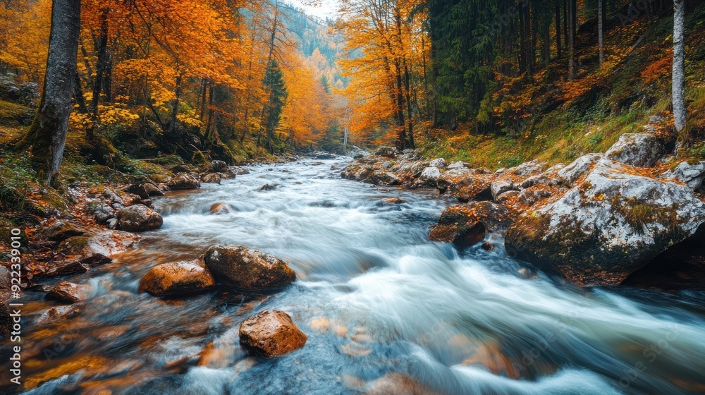 Serene Autumn River Flowing Through a Forested Valley Serene Autumn River Flowing Through a Forested Valley