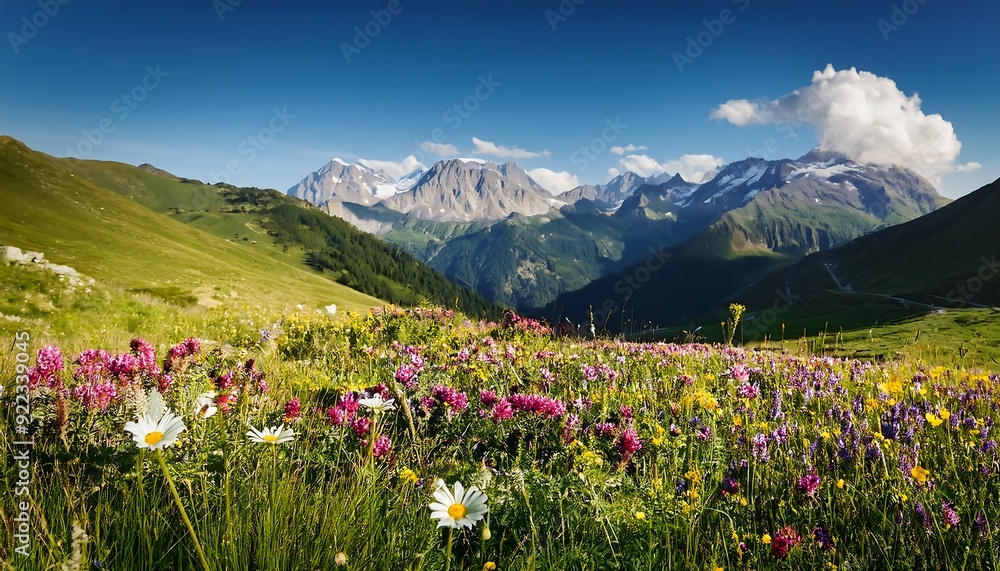 Fototapeta premium Sun-kissed alpine meadow blooms vibrant amidst snow-capped peaks, a breathtaking panorama of nature's artistry