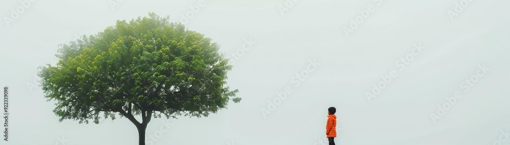 Minimalist child playing hide and seek, single tree, white background Minimalist child playing hide and seek, single tree, white background