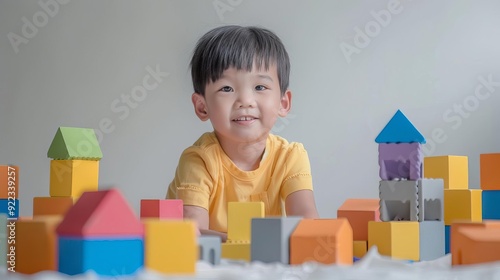 Minimalist child playing with blocks, single block in focus, clean background