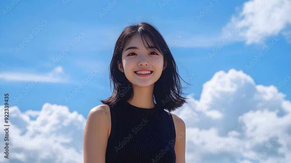 Cheerful Asian woman with black hair smiles against cloudy blue sky background Cheerful Asian woman with black hair smiles against cloudy blue sky background