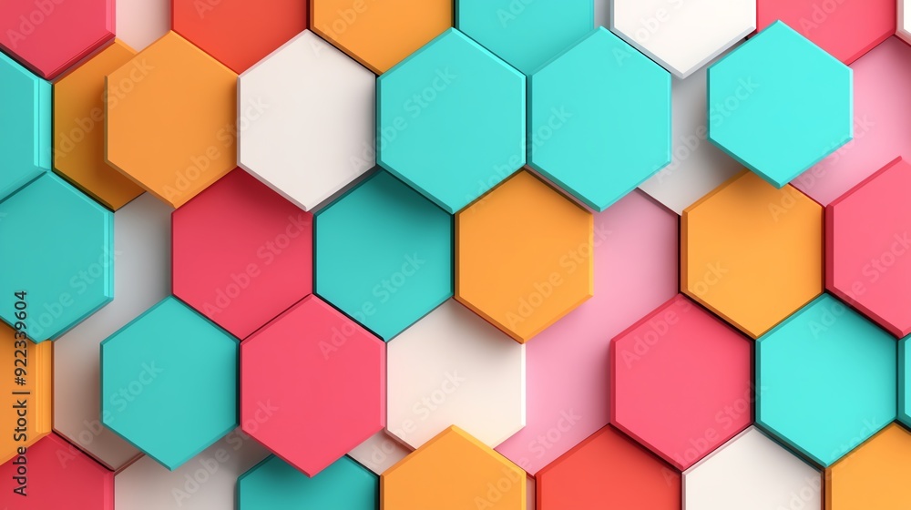 Colorful squares and hexagons, seamless geometric pattern, side angle, bright artificial light Colorful squares and hexagons, seamless geometric pattern, side angle, bright artificial light