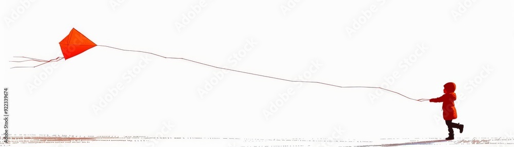 Fototapeta premium Minimalist child playing with a kite, single kite, white background
