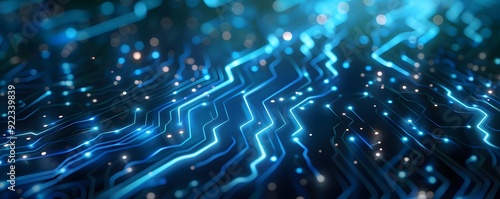 Abstract Blue Circuit Board with Glowing Lines and Bokeh