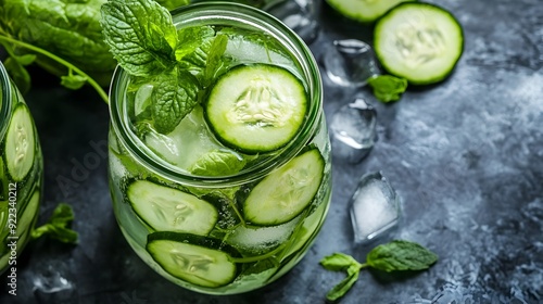 Refreshing Cucumber and Mint Beverage in Glass with Ice on Dark Background