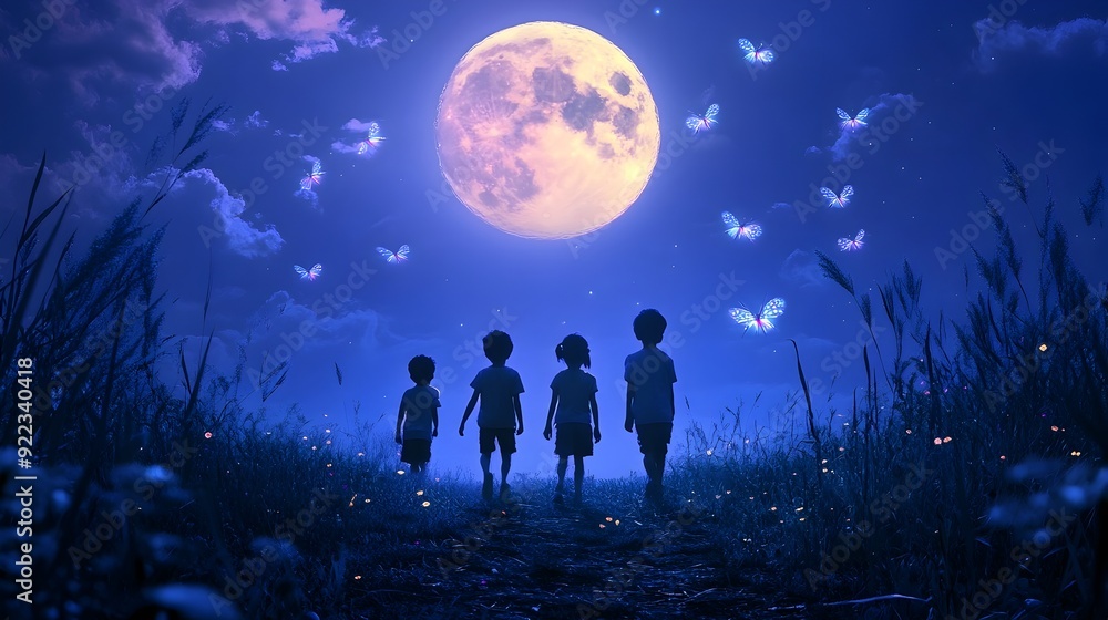 Obraz premium Children Silhouetted Under Glowing Moonlit Sky with Twinkling Stars and Fireflies