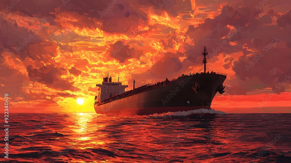 Fototapeta premium A cargo ship sails under a stunning sunset sky, casting a dramatic silhouette over the ocean waters, capturing the essence of maritime adventure.