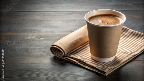 Freshly brewed coffee in a paper cup on a paper napkin, representing ecological tableware, coffee, paper cup