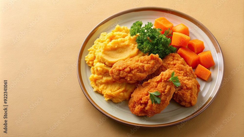Plate with fried chicken and carrot and potato puree on beige background angle view, food, fried chicken, vegetables, puree Plate with fried chicken and carrot and potato puree on beige background angle view, food, fried chicken, vegetables, puree