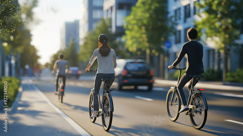 People using transportation options like electric bikes, scooters, or car-sharing services in an urban setting