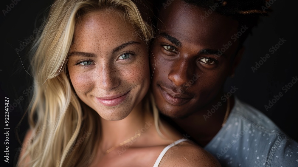 Young couple smiling together indoors, enjoying each other's company in cozy lighting Young couple smiling together indoors, enjoying each other's company in cozy lighting