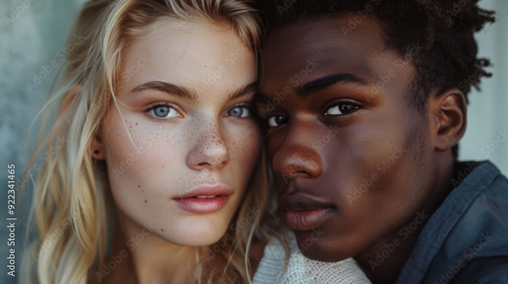 Young couple posing closely with intimate expressions in natural light outdoors Young couple posing closely with intimate expressions in natural light outdoors