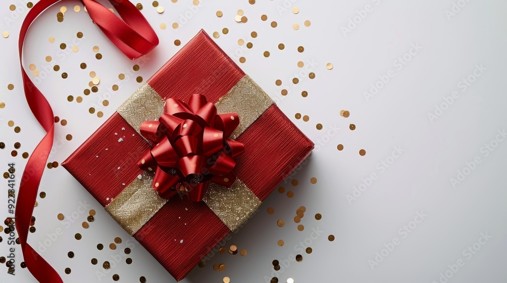 Festively wrapped red gift box with a gold ribbon and confetti on a white background Festively wrapped red gift box with a gold ribbon and confetti on a white background