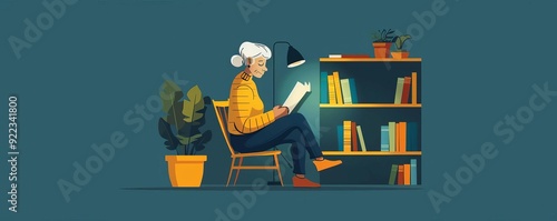 Minimalist elderly person reading, single lamp, soft light