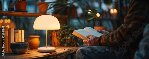 Minimalist elderly person reading, single lamp, soft light