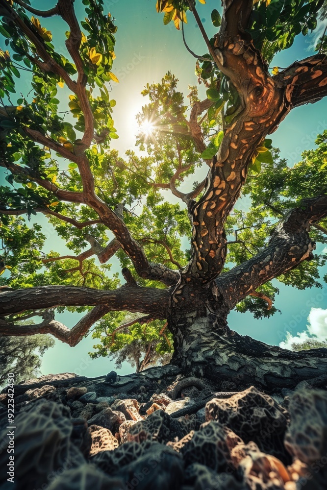 Gnarled tree branch with green leaves against blue sky background. Sunlight filtering through branches. Gnarled tree branch with green leaves against blue sky background. Sunlight filtering through branches.