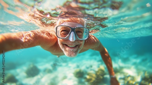 An elderly man enjoying a refreshing swim underwater, showcasing vibrant marine life and a sense of joy and adventure.