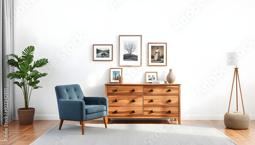 Armchair, chest of drawers and pictures in living room isolated with white highlights, png photo