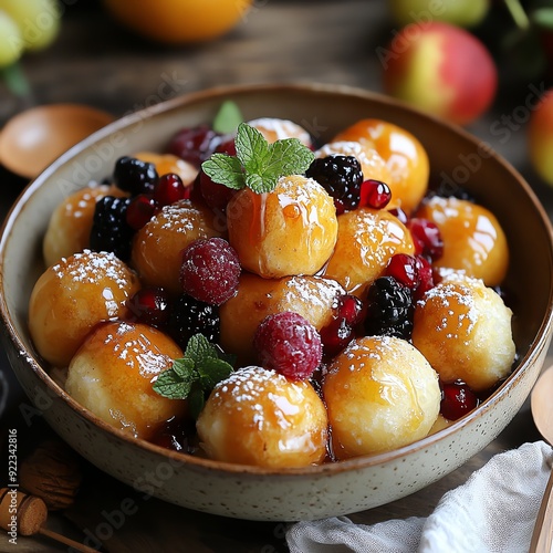 Ice creamstuffed doughnut holes served in a bowl of crumbled bagels, drizzled with honey and topped with fresh fruit, ice cream doughnut holes bagels, sweet and savory dessert mix photo