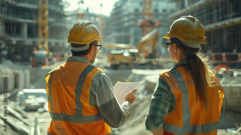 A diverse team of project managers discussing construction plans at a busy construction site. High-quality materials and a variety of tools are visible, A diverse team of project managers discussing construction plans at a busy construction site. High-quality materials and a variety of tools are visible,