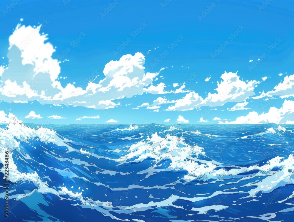 Crystal clear ocean waters under a blue sky with fluffy clouds. Crystal clear ocean waters under a blue sky with fluffy clouds.