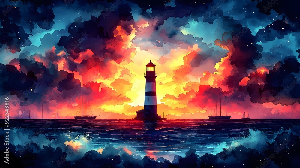Stunning sunset at sea with a lighthouse silhouette, vibrant clouds and reflections on water creating a captivating and serene atmosphere. Stunning sunset at sea with a lighthouse silhouette, vibrant clouds and reflections on water creating a captivating and serene atmosphere.