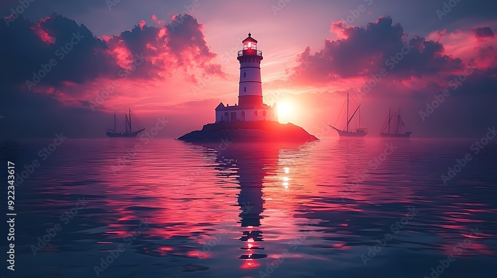 Spectacular sunset over a tranquil ocean with a lighthouse on a small island, surrounded by ships. The sky is painted in vibrant pink and purple hues. Spectacular sunset over a tranquil ocean with a lighthouse on a small island, surrounded by ships. The sky is painted in vibrant pink and purple hues.