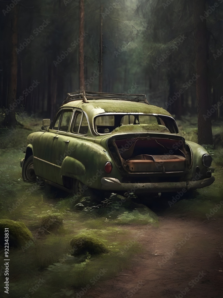 Obraz premium Realistic photo old car in abandoned forest