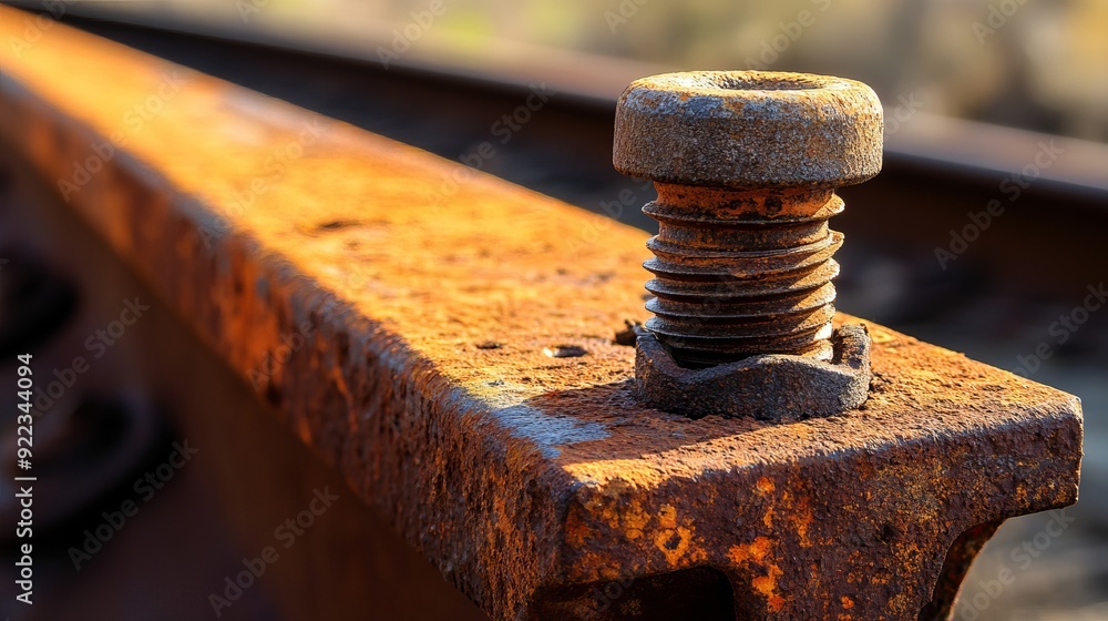 A close-up image of a rusty iron screw with a washer, fixed into a railway profile, highlighting the monochrome orange-brown metal surface under bright sunlight A close-up image of a rusty iron screw with a washer, fixed into a railway profile, highlighting the monochrome orange-brown metal surface under bright sunlight