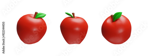 3d juicy red rendering set of apple with leaf. School symbol collection of knowledge, education realistic fruit. Vector illustration in cartoon render style. Organic ripe health sweet vegetable.