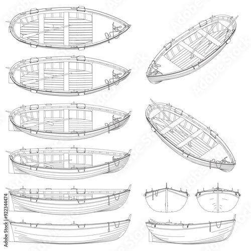 Set with outline of fishing wooden boat in different positions from black lines isolated on white background. Vector illustration.