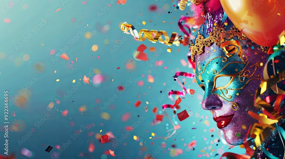 Colorful carnival mask with confetti and ribbons on blue background. Colorful carnival mask with confetti and ribbons on blue background.